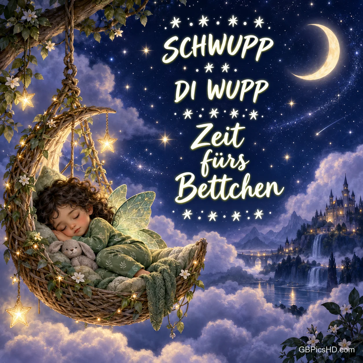 Ein Feenkind schläft mit einem Stoffhasen in einer Korbschaukel über Wolken neben "SCHWUPP DI WUPP Zeit fürs Bettchen".