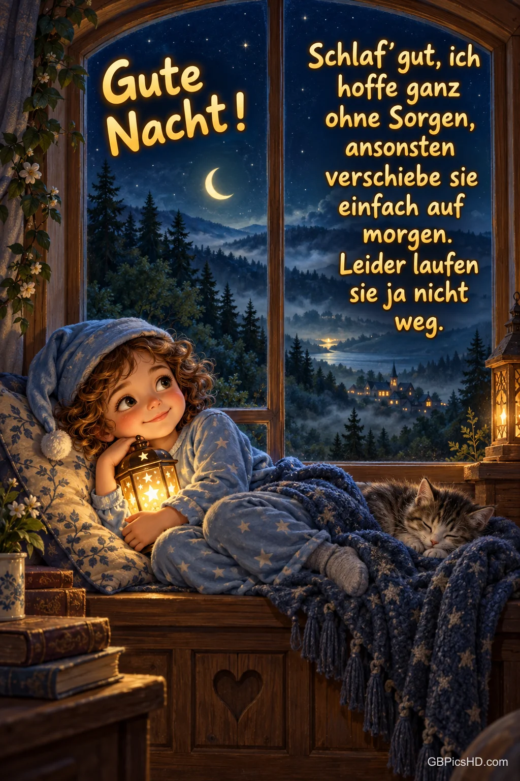 Ein Kind im blauen Schlafanzug hält eine Laterne am Fenster, neben ihm schläft eine Katze unter dem Gruß "Gute Nacht!".