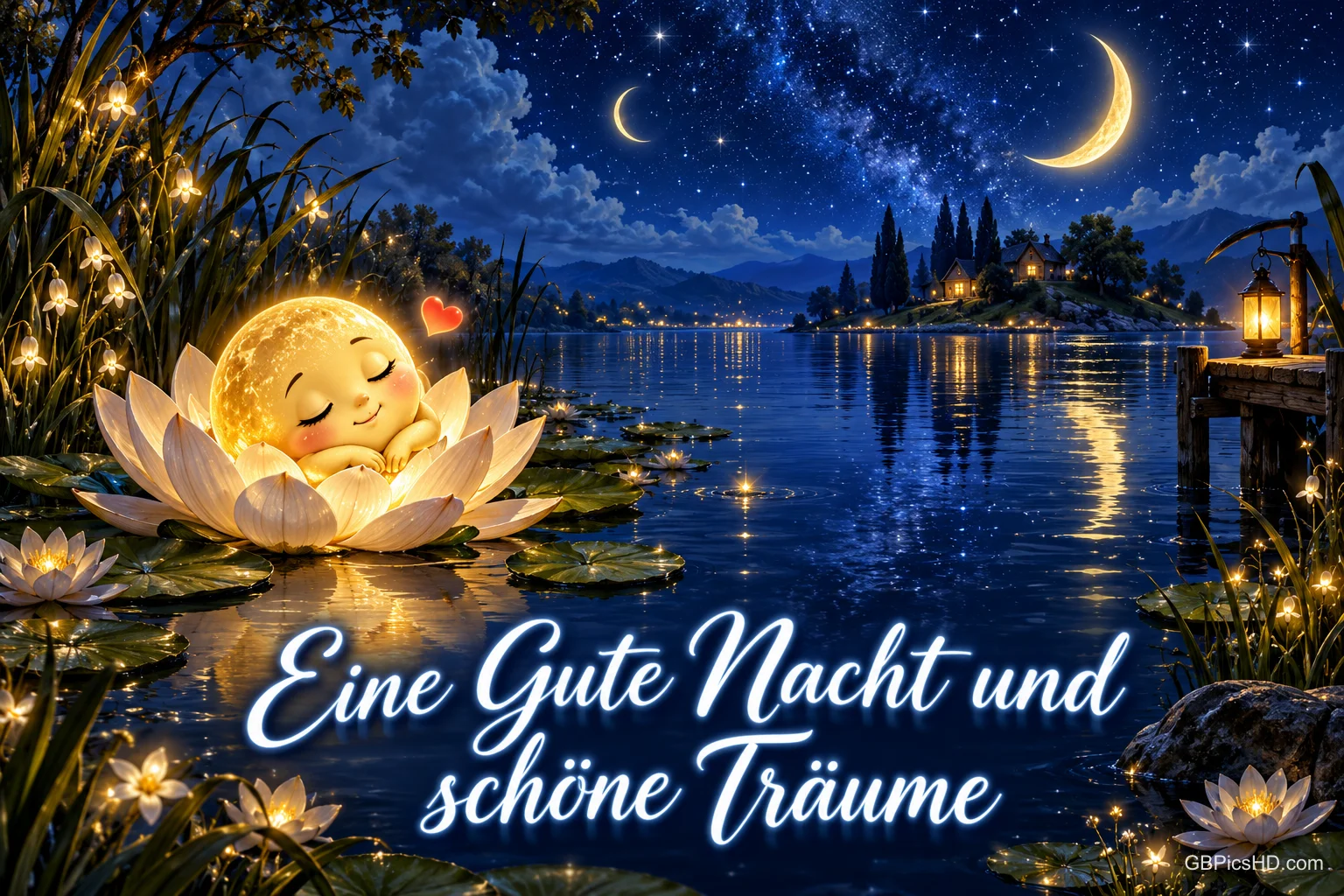 Ein lächelnder Mond schläft in einer Seerose auf einem nächtlichen See über dem Gruß "Eine Gute Nacht und schöne Träume".