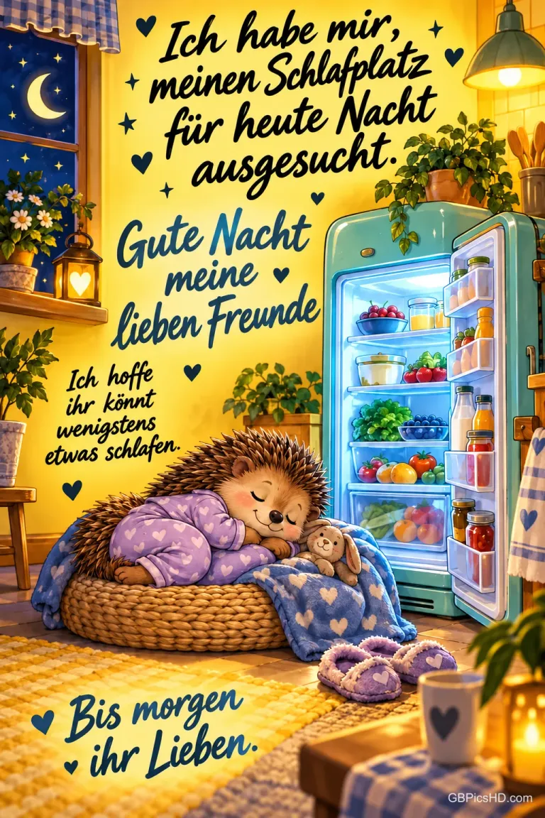 Ein Igel im lila Schlafanzug schläft im Korb neben dem offenen Kühlschrank; dazu steht "Gute Nacht meine lieben Freunde".