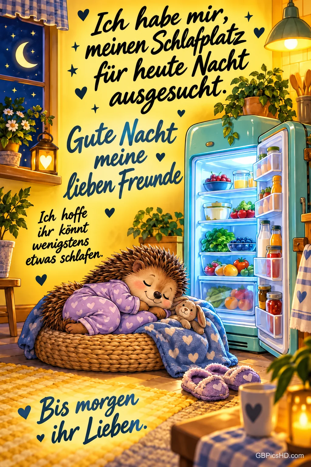 Ein Igel im lila Schlafanzug schläft im Korb neben dem offenen Kühlschrank; dazu steht "Gute Nacht meine lieben Freunde".