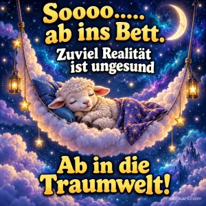 Ein Lämmchen schläft unter einer Sternendecke in einer Wolkenhängematte zwischen Laternen mit dem Gruß "Ab in die Traumwelt!".