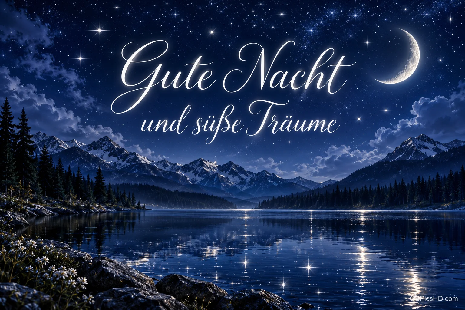Sterne und eine Mondsichel über einem Bergsee mit dem Gruß "Gute Nacht und süße Träume".