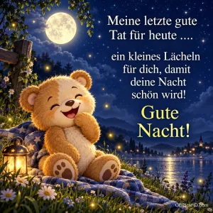 Ein lächelnder Teddybär sitzt neben einer Laterne am See unter dem Vollmond mit dem Gruß "Gute Nacht!".