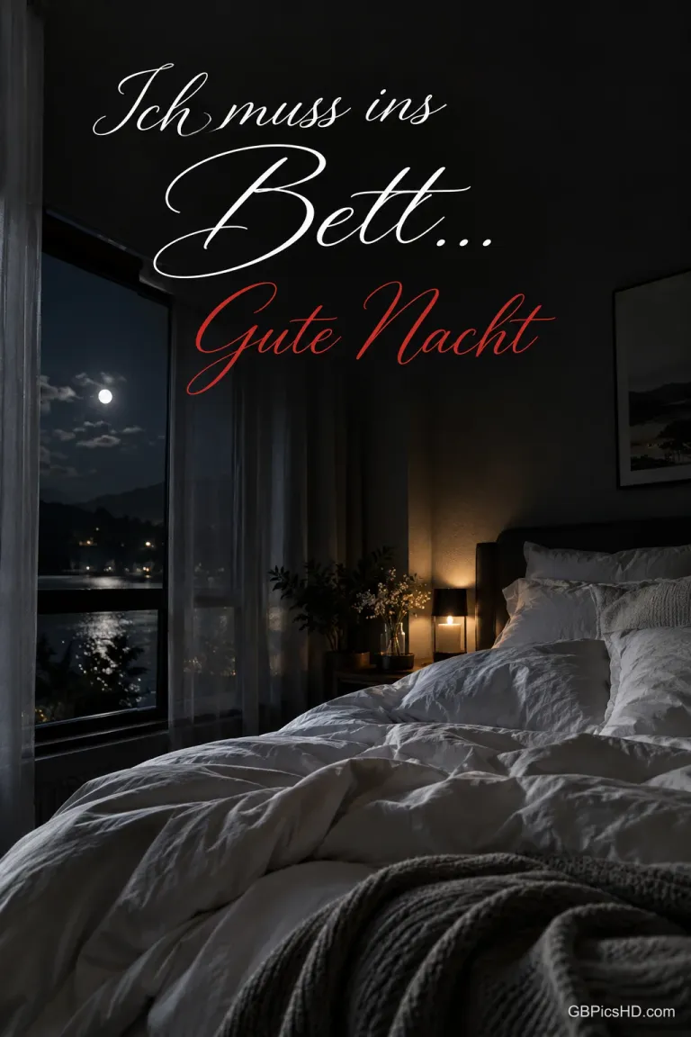 Ein ungemachtes Bett neben einem Fenster mit nächtlichem Seeblick und dem Text "Ich muss ins Bett... Gute Nacht".