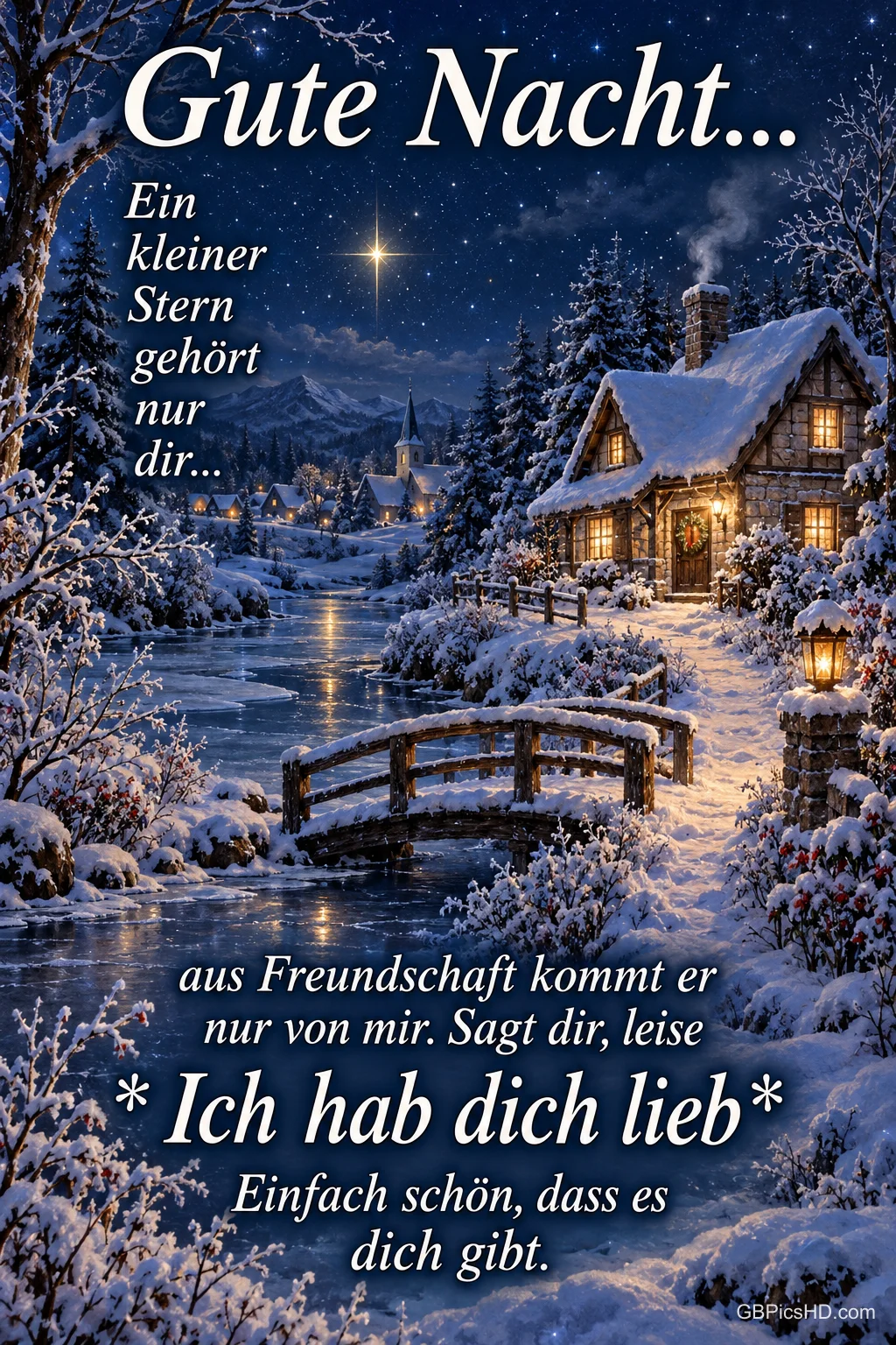 Ein verschneites Haus mit beleuchteten Fenstern steht neben einem Bach und einer Holzbrücke unter dem Gruß "Gute Nacht...". Ein verschneites Haus mit beleuchteten Fenstern steht neben einem Bach und einer Holzbrücke unter dem Gruß "Gute Nacht...".