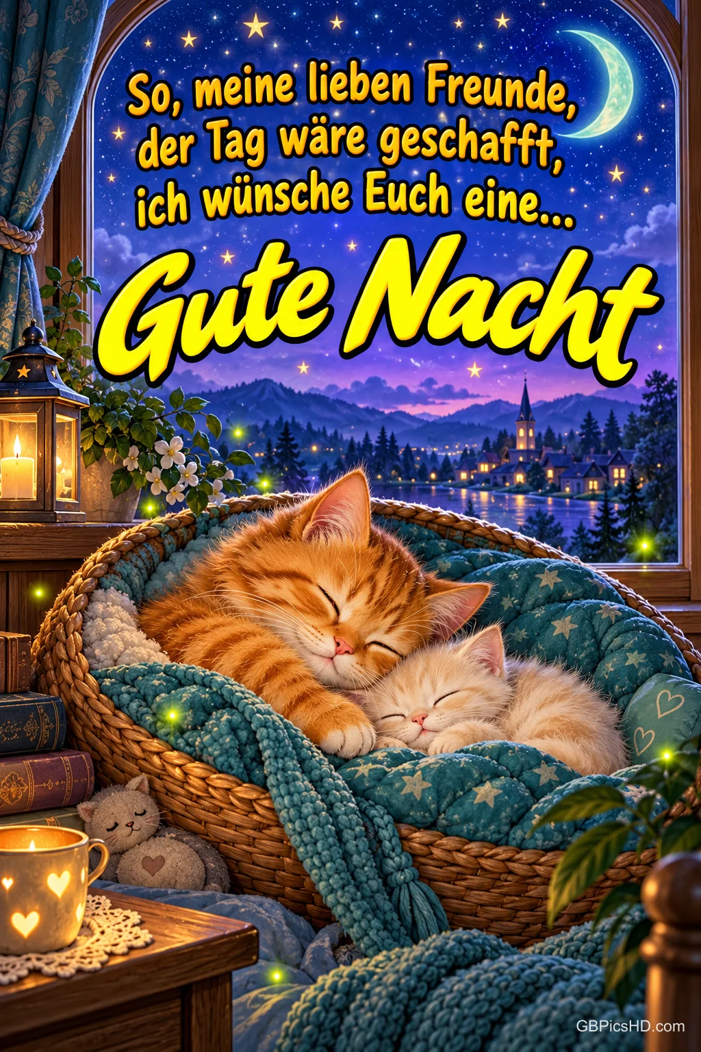 Zwei Katzen schlafen in einem Korb am Fenster, draußen leuchten Mond und Sterne; darüber steht "Gute Nacht".