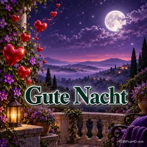 Rote Herzen und violette Blumen schmücken eine Terrasse mit Blick auf mondhelle Hügel; darauf steht "Gute Nacht".