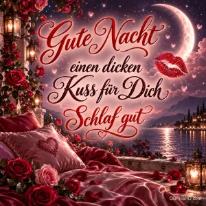 Rosen, ein Bett und ein Kussmund vor einem mondhellen See mit dem Text "Gute Nacht einen dicken Kuss für Dich Schlaf gut".