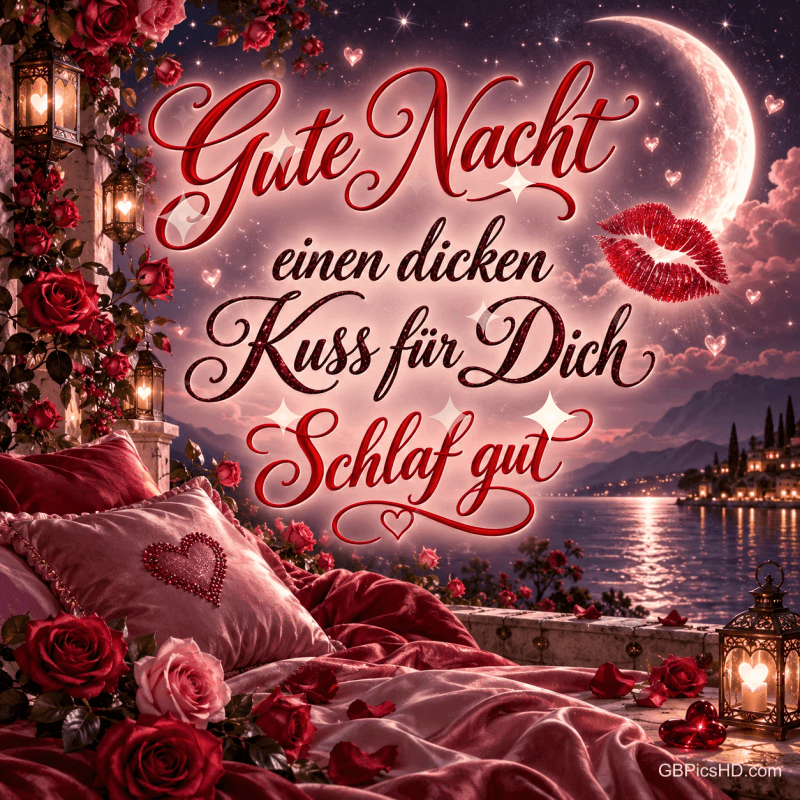 Rosen, ein Bett und ein Kussmund vor einem mondhellen See mit dem Text "Gute Nacht einen dicken Kuss für Dich Schlaf gut".