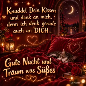 Eine Katze schläft auf roter Bettwäsche zwischen Rosen und Kerzen; darüber steht "Knuddel Dein Kissen und denk an mich".