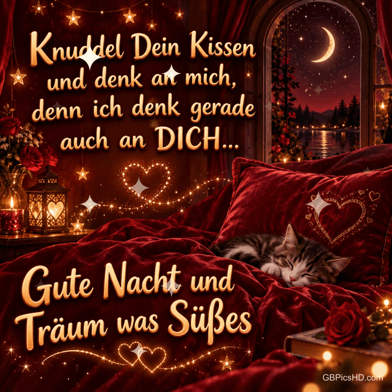 Eine Katze schläft auf roter Bettwäsche zwischen Rosen und Kerzen; darüber steht "Knuddel Dein Kissen und denk an mich".