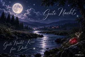 Vollmond über einem Fluss mit Wald und Bergen, ein roter Kussmund und die Worte "Gute Nacht" und "Gute Nacht - Kuss für Dich".