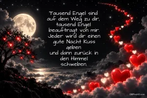 Mond, Wolken und leuchtende Herzen umrahmen "Tausend Engel sind auf dem Weg zu dir".