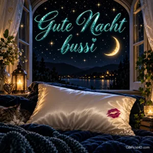 Eine Katze schläft neben einem Kissen mit Kussabdruck am offenen Fenster; am Sternenhimmel steht "Gute Nacht bussi".