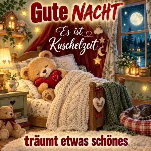 Ein Teddybär liegt mit rotem Herz im Bett, daneben schläft eine Katze; der Text lautet "Gute Nacht Es ist Kuschelzeit träumt etwas Schönes".