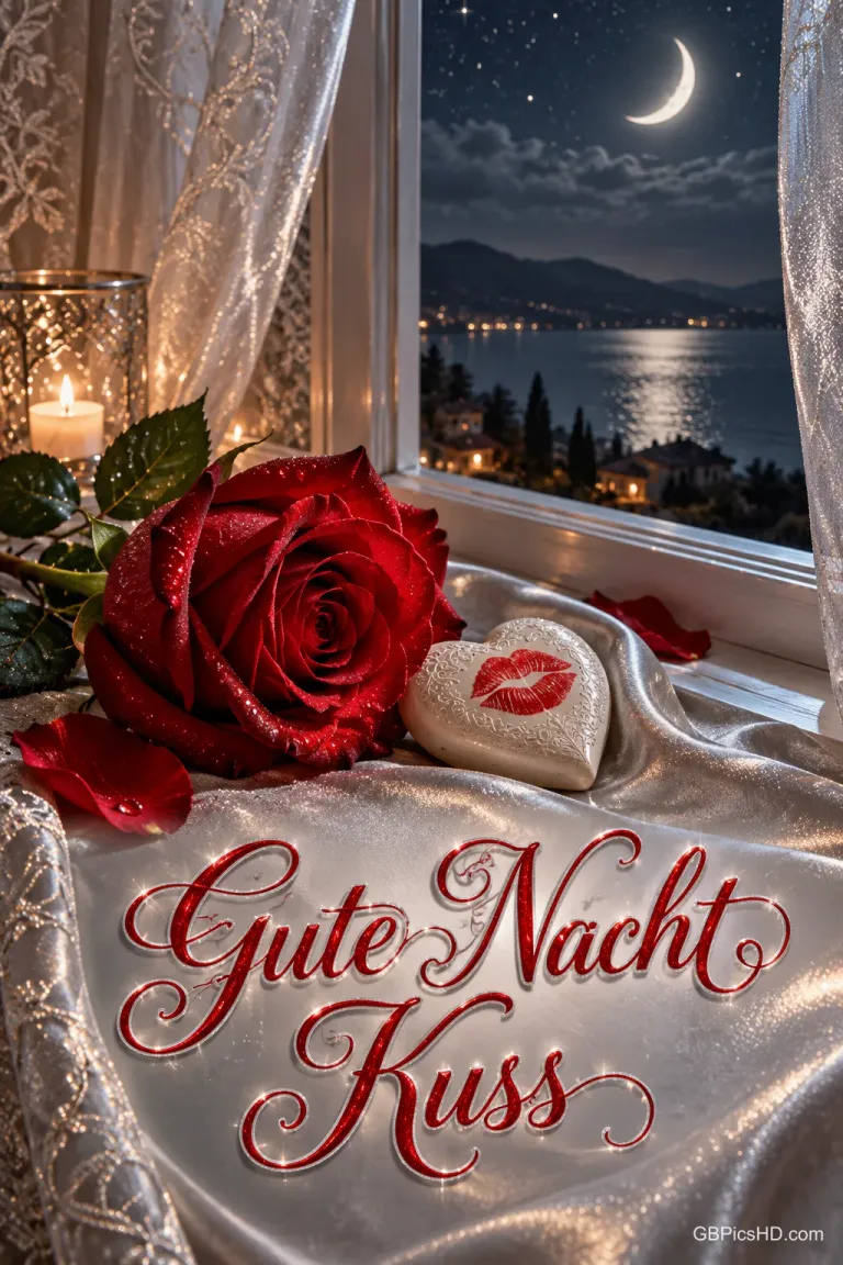 Eine rote Rose und ein silbernes Herz mit Kussabdruck liegen am Fenster mit Seeblick; auf dem Stoff steht "Gute Nacht Kuss".