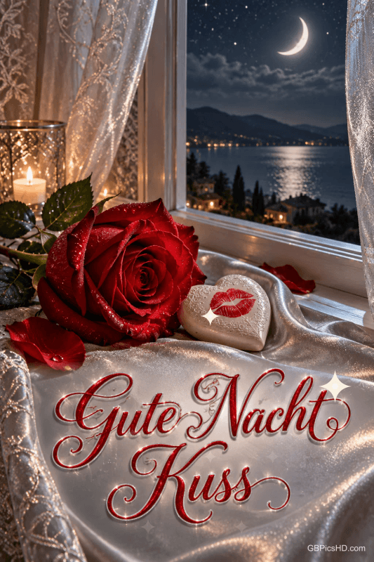 Eine rote Rose und ein silbernes Herz mit Kussabdruck liegen am Fenster mit Seeblick; auf dem Stoff steht "Gute Nacht Kuss".