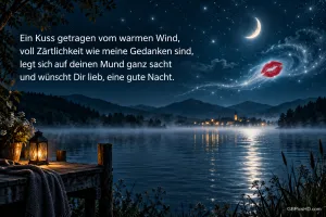 Über einem See unter dem Sichelmond schwebt ein roter Kussmund in einer Lichtspur; links steht "Ein Kuss getragen vom warmen Wind".