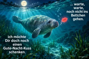 Eine Seekuh schwimmt unter dem Mond auf einen roten Kussmund zu; daneben steht "Ich möchte Dir doch noch einen Gute-Nacht-Kuss schenken."