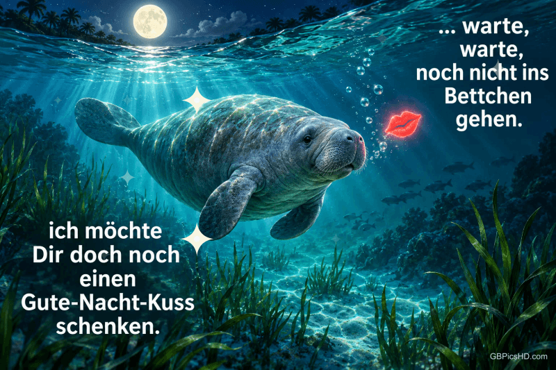 Eine Seekuh schwimmt unter dem Mond auf einen roten Kussmund zu; daneben steht "Ich möchte Dir doch noch einen Gute-Nacht-Kuss schenken."
