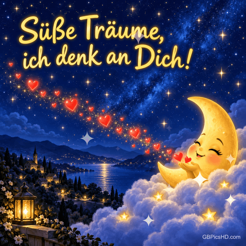 Ein lächelnder Sichelmond schickt Herzen über Wolken und einen See: "Süße Träume, ich denk an Dich!".
