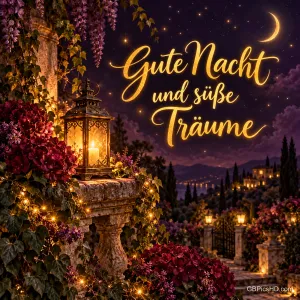 Eine leuchtende Laterne steht zwischen Blumen vor einer nächtlichen Landschaft mit "Gute Nacht und süße Träume".