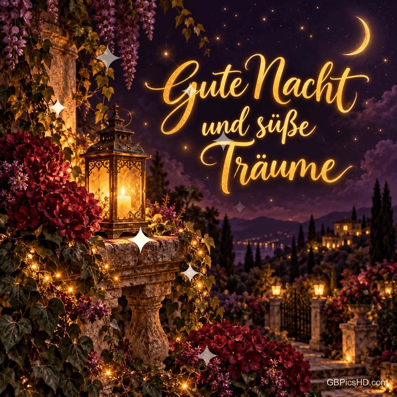 Eine leuchtende Laterne steht zwischen Blumen vor einer nächtlichen Landschaft mit "Gute Nacht und süße Träume".