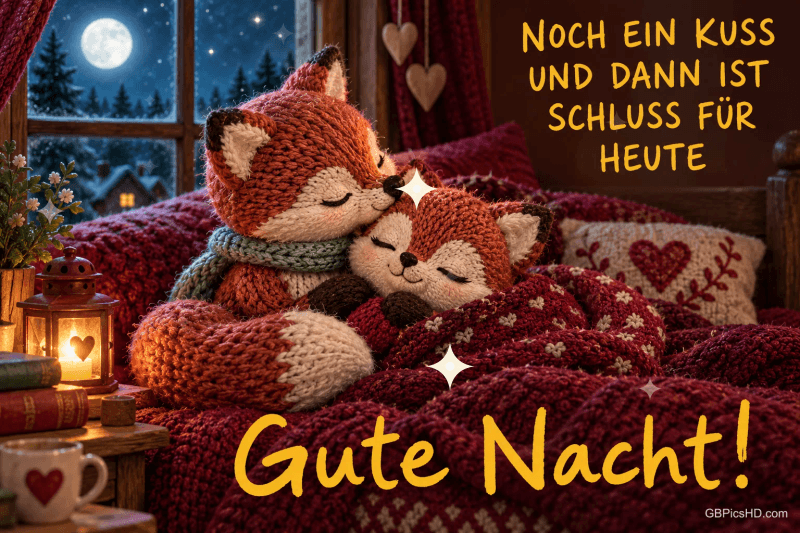 Zwei gestrickte Füchse kuscheln unter einer Decke: "NOCH EIN KUSS UND DANN IST SCHLUSS FÜR HEUTE Gute Nacht!".