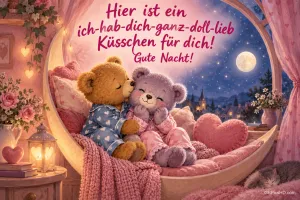 Zwei Teddybären kuscheln am runden Fenster; einer küsst den anderen neben "Gute Nacht!".