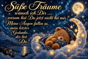 Ein schlafender Teddybär liegt auf einer Wolkenmondsichel unter Sternen neben "Süße Träume".