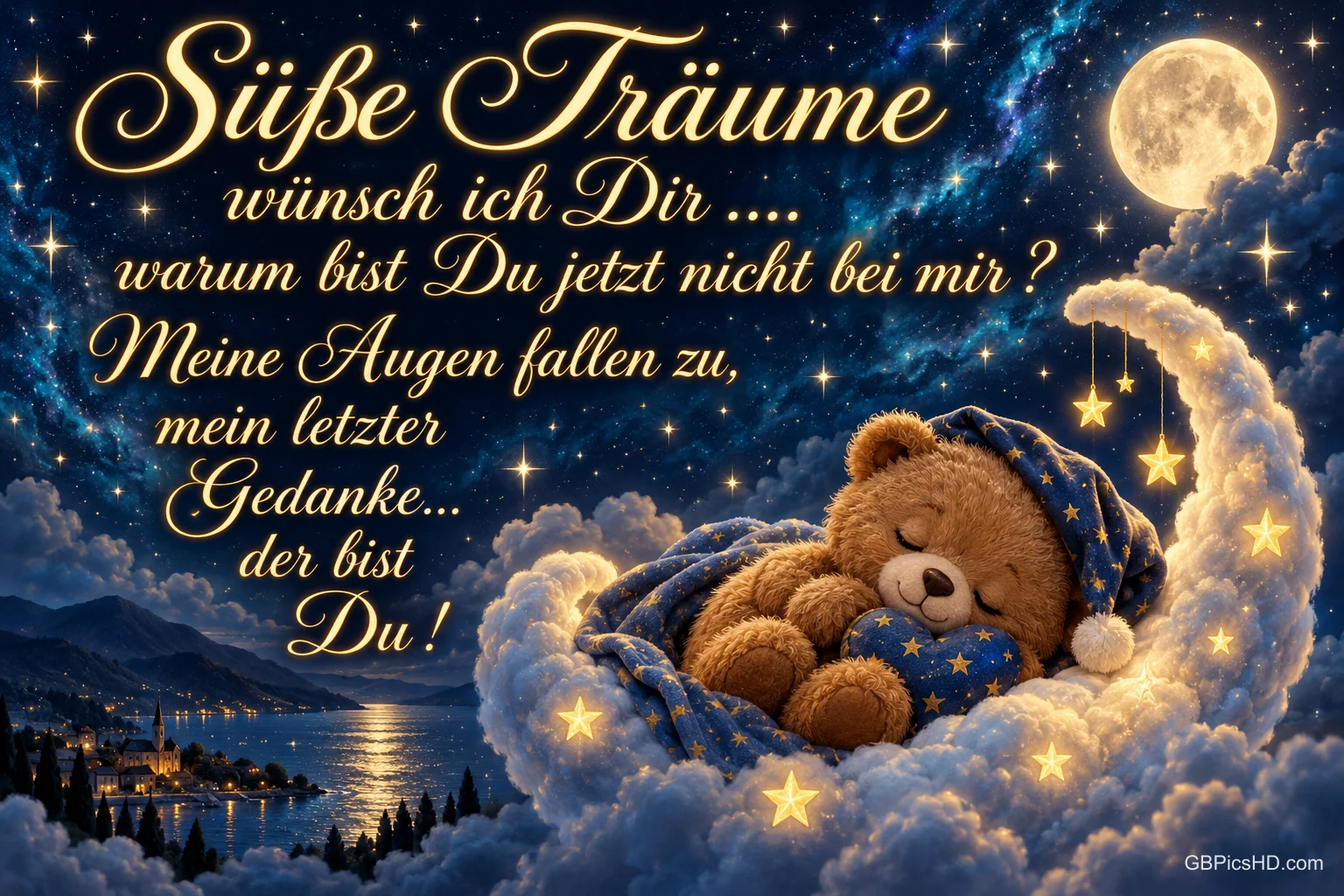 Ein schlafender Teddybär liegt auf einer Wolkenmondsichel unter Sternen neben "Süße Träume".