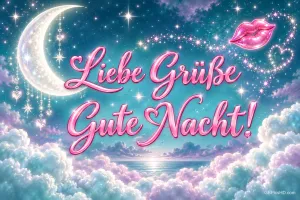 Eine silberne Mondsichel, Sterne, Wolken und ein rosa Kussmund umrahmen "Liebe Grüße Gute Nacht!".