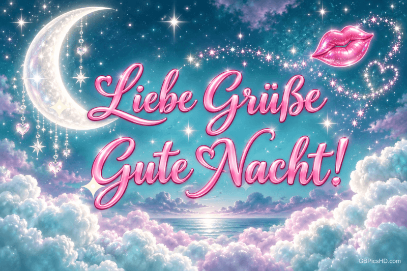 Eine silberne Mondsichel, Sterne, Wolken und ein rosa Kussmund umrahmen "Liebe Grüße Gute Nacht!".