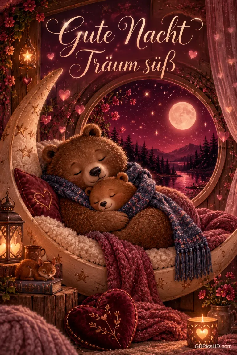 Ein großer Bär hält einen kleinen Bären in einem mondförmigen Bett vor einem runden Fenster unter "Gute Nacht Träum süß".