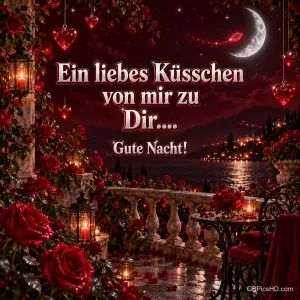 Rosen, Laternen und hängende Herzen schmücken eine Terrasse am Wasser mit "Ein liebes Küsschen von mir zu Dir.... Gute Nacht!".