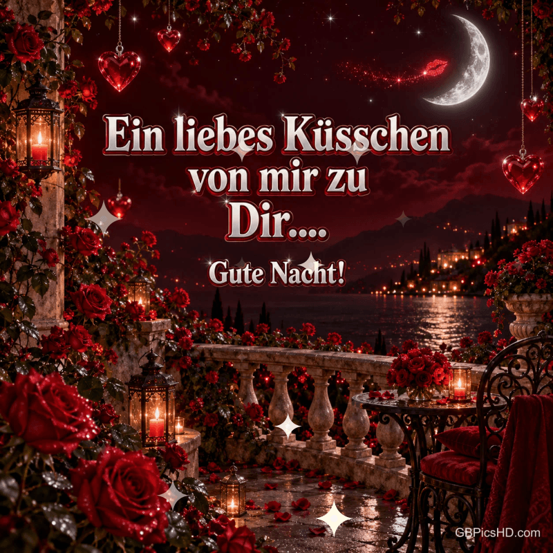 Rosen, Laternen und hängende Herzen schmücken eine Terrasse am Wasser mit "Ein liebes Küsschen von mir zu Dir.... Gute Nacht!".