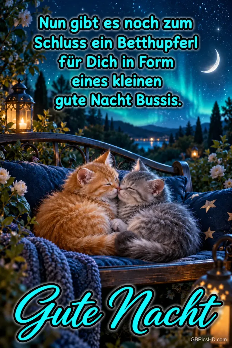 Zwei kuschelnde Kätzchen auf einer Bank unter Sternen und Polarlichtern mit dem Gruß "Gute Nacht".