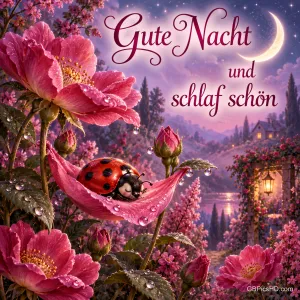 Ein Marienkäfer schläft auf einem rosa Blütenblatt über einem See im Mondlicht: "Gute Nacht und schlaf schön".