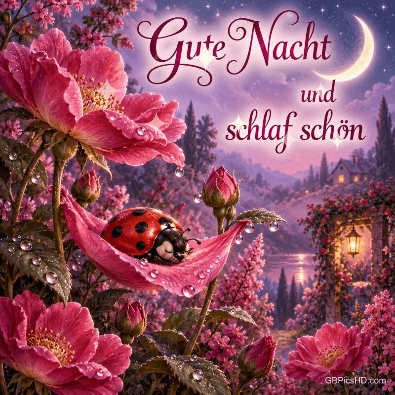 Ein Marienkäfer schläft auf einem rosa Blütenblatt über einem See im Mondlicht: "Gute Nacht und schlaf schön".