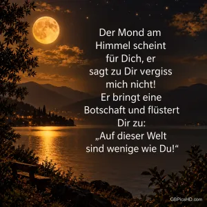 Ein goldener Vollmond spiegelt sich im See zwischen Bergen, Bäumen und einer Bank: "Auf dieser Welt sind wenige wie Du!".