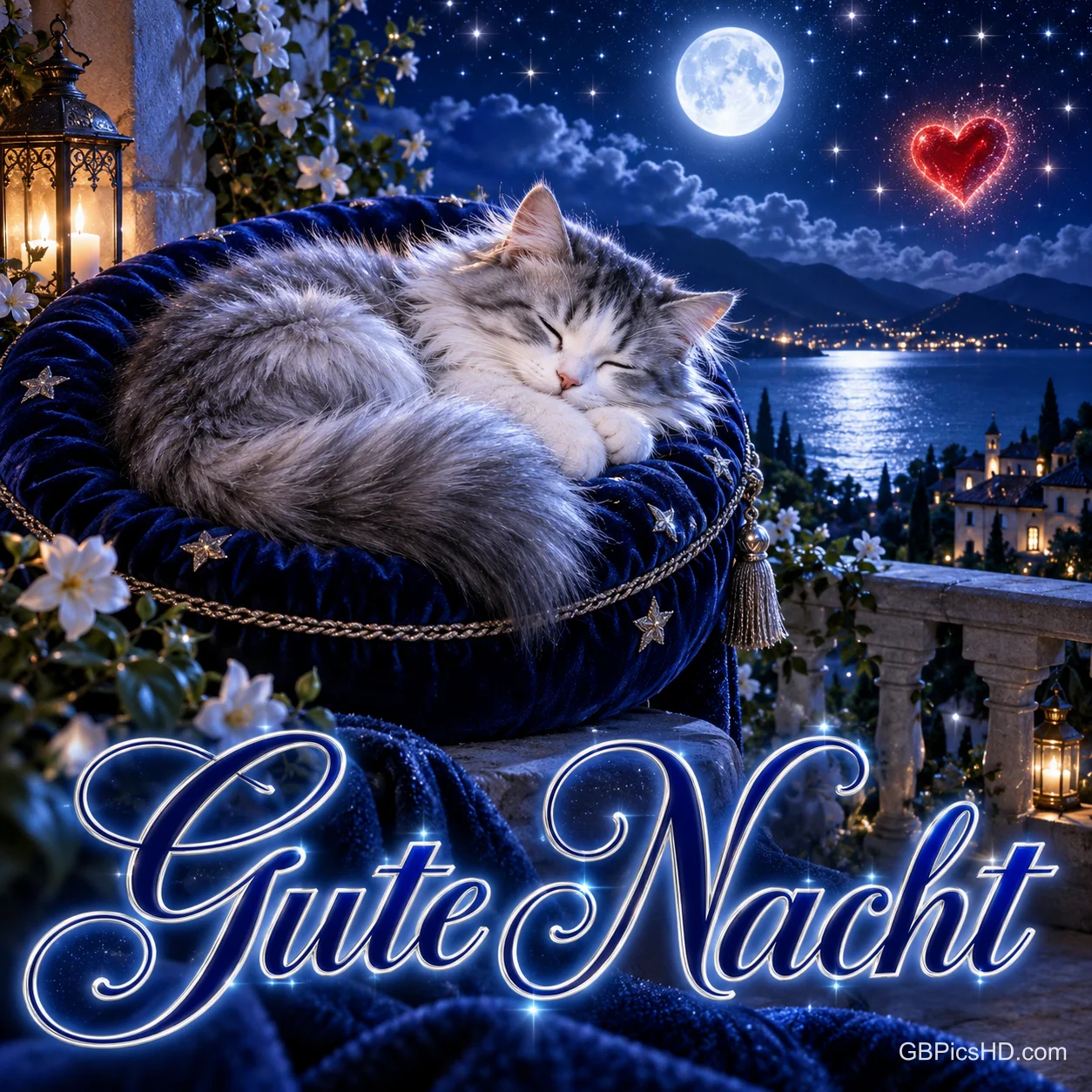 Eine graue Katze schläft auf einem blauen Samtkissen vor einem See mit Vollmond und rotem Herz, darunter "Gute Nacht".