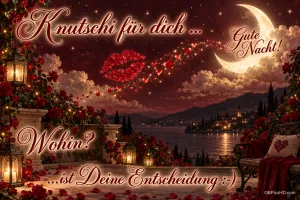 Ein roter Kussmund mit einer Herzchenspur über einer Rosenterrasse am See unter einer Mondsichel: "Knutschi für dich ...".