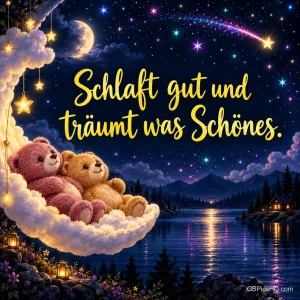 Zwei Teddybären sitzen auf einer Wolkenschaukel vor einem Sternenhimmel und einem See: "Schlaft gut und träumt was Schönes.".