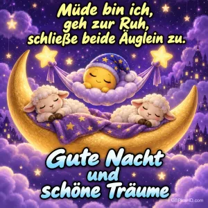 Zwei Schäfchen schlafen auf einer goldenen Mondsichel, darüber ein gelber Stern in einer Hängematte: "Gute Nacht und schöne Träume".