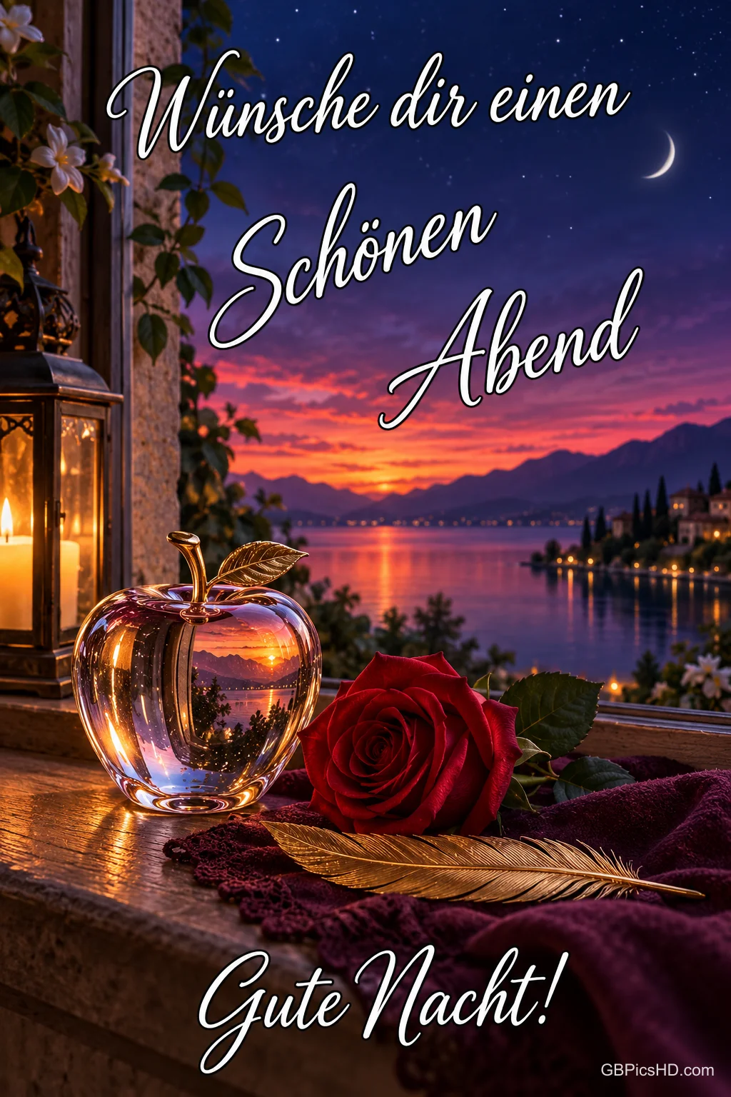 Gläserner Apfel, rote Rose und goldene Feder am Fenster mit Seeblick: "Wünsche dir einen schönen Abend Gute Nacht!".