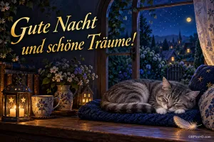 Eine getigerte Katze schläft am offenen Fenster neben Laterne, Tasse und Blumen: "Gute Nacht und schöne Träume!".