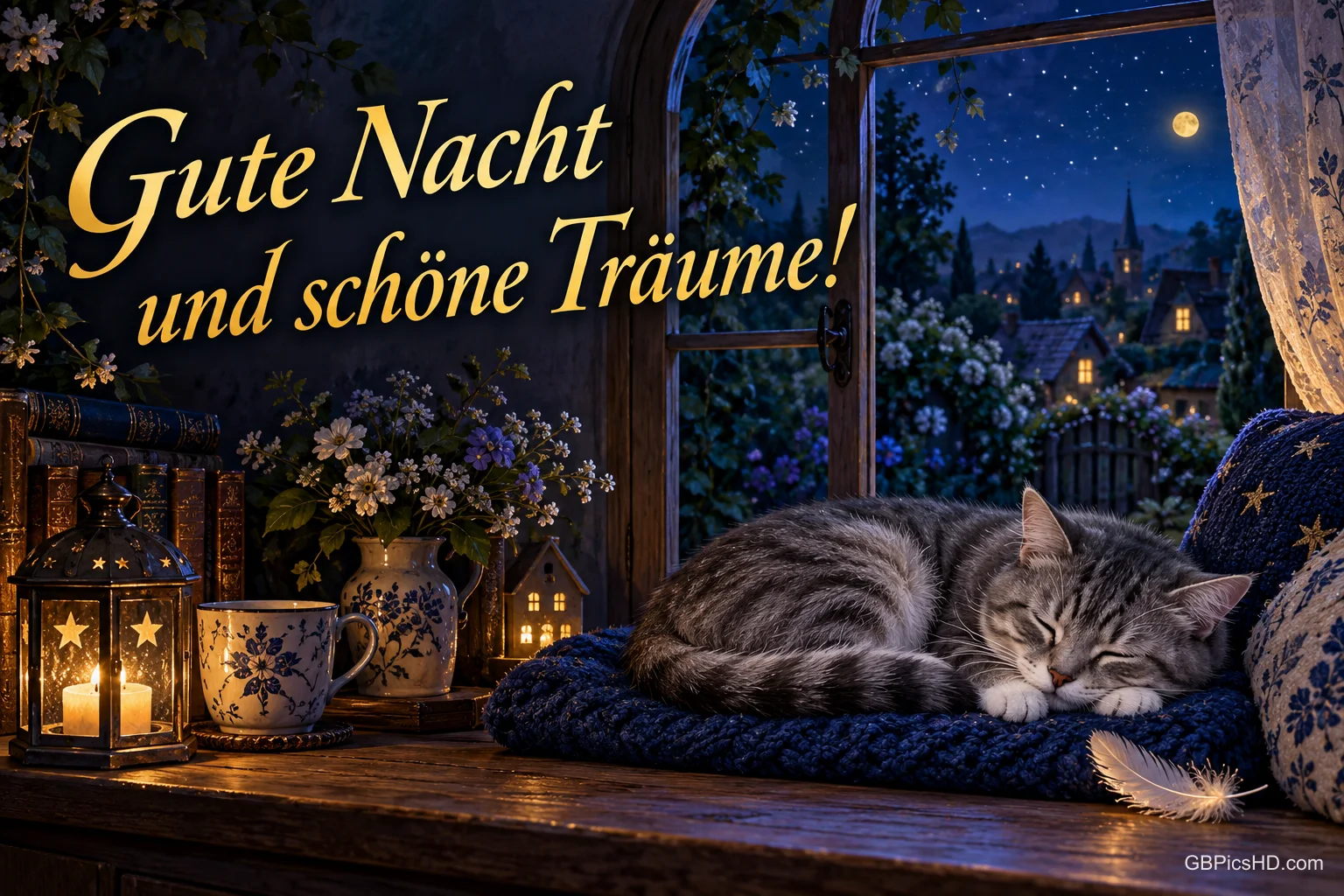 Eine getigerte Katze schläft am offenen Fenster neben Laterne, Tasse und Blumen: "Gute Nacht und schöne Träume!".