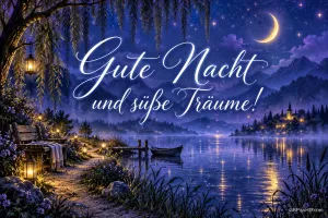 Eine Bank mit Laternen steht am See unter einem Sternenhimmel mit Mondsichel: "Gute Nacht und süße Träume!".
