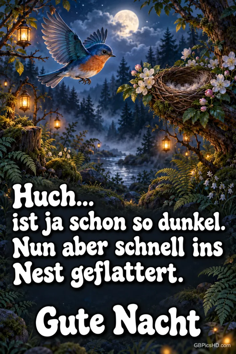 Ein Vogel fliegt im mondhellen Wald zu einem Nest zwischen Blüten und Laternen, darunter steht "Gute Nacht".